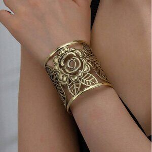 Gold Tone Wide Floral Rose Filigree Statement Cuff